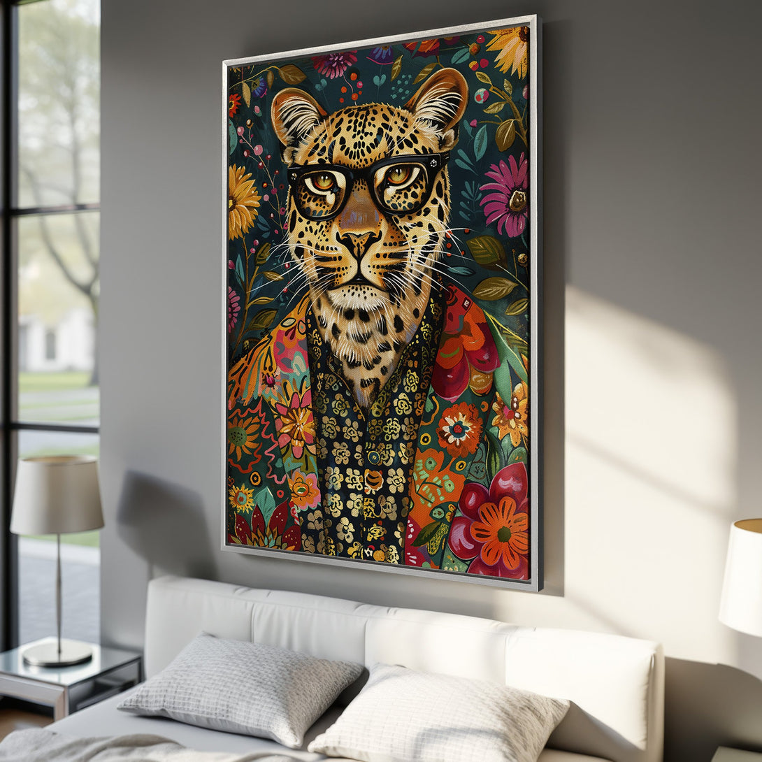 Framed Wall Art: Hipster leopard portrait with floral background. Bold, colorful art in a modern interior. Perfect for a stylish home.