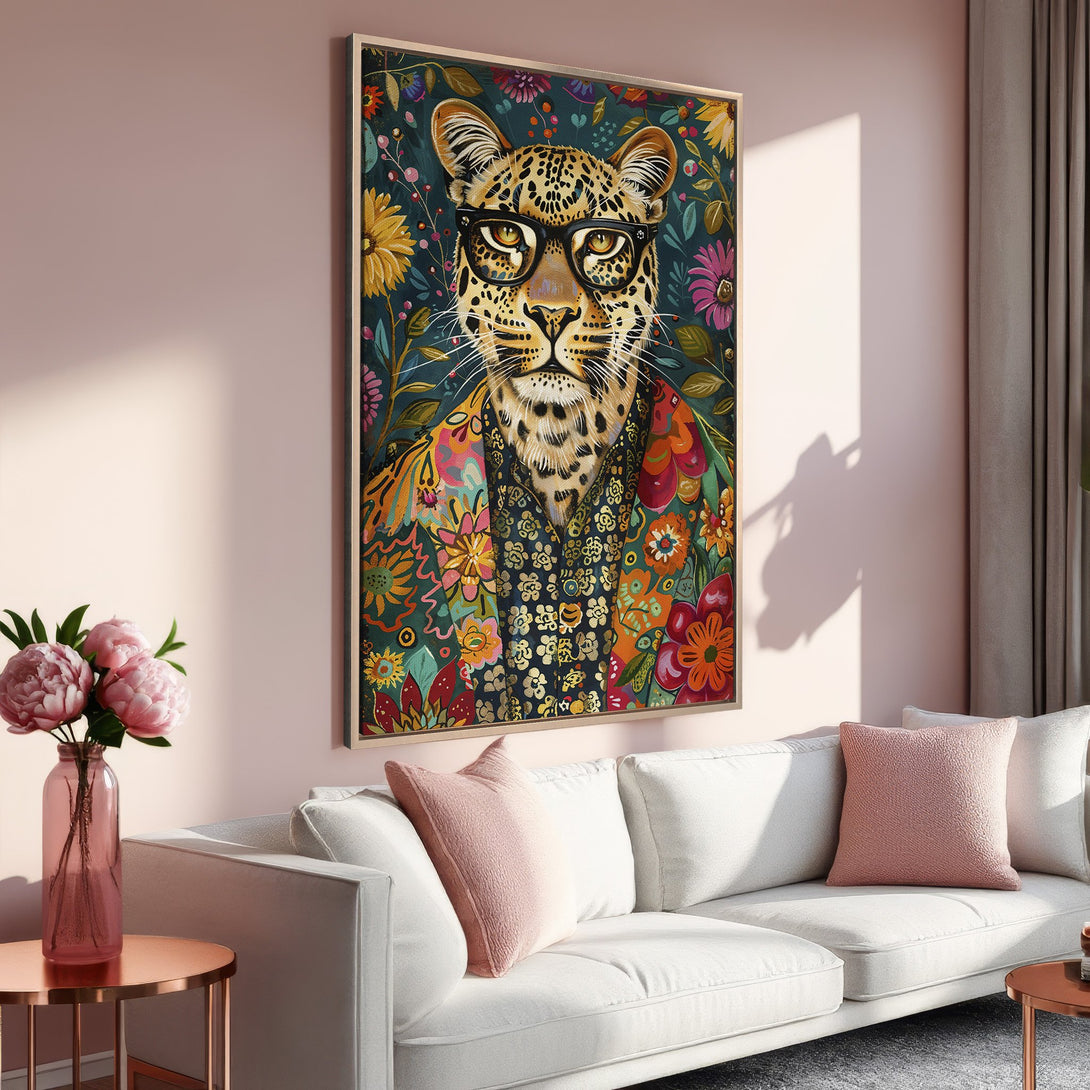 Framed Wall Art: Hipster leopard portrait in vibrant floral style. Colorful artwork with a teal, gold, and pink palette. Perfect for living room decor.