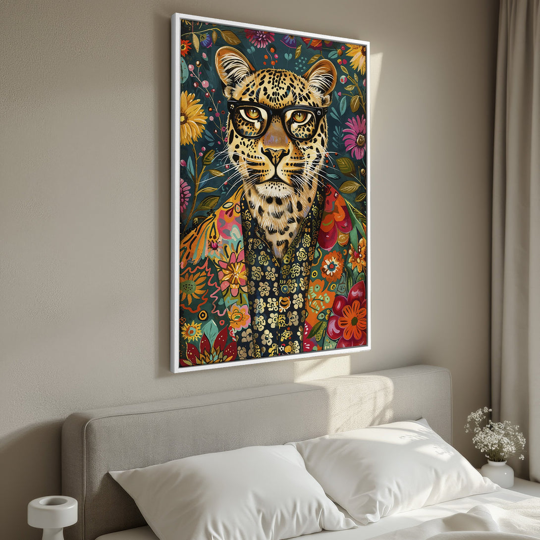 Framed Wall Art: Hipster leopard print with floral background. Vibrant colors and eclectic style. Perfect for adding personality to your space.