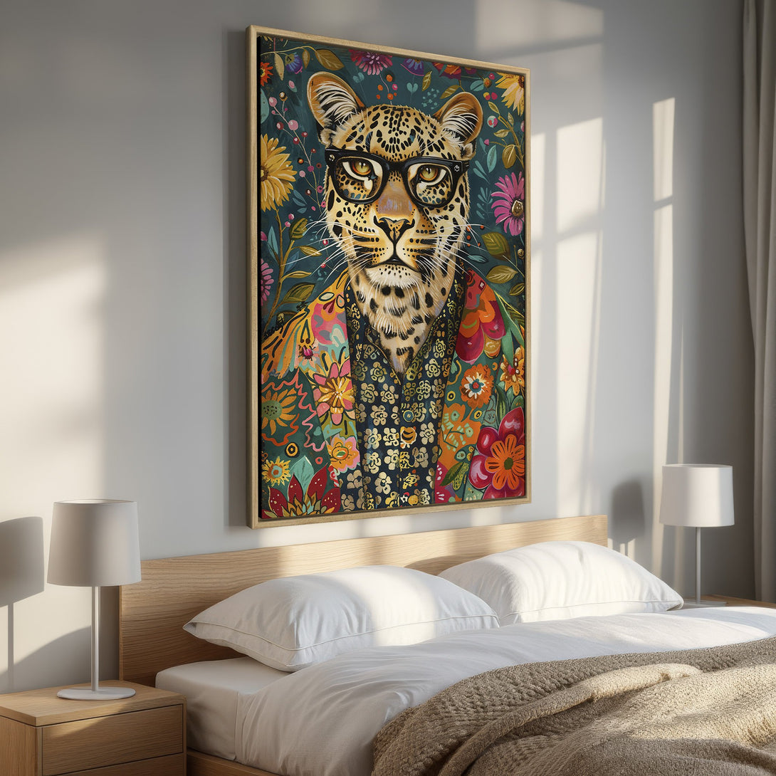 Framed Wall Art: Hipster leopard portrait with floral background. Colorful, vibrant art print in a bedroom setting. Perfect for adding personality!