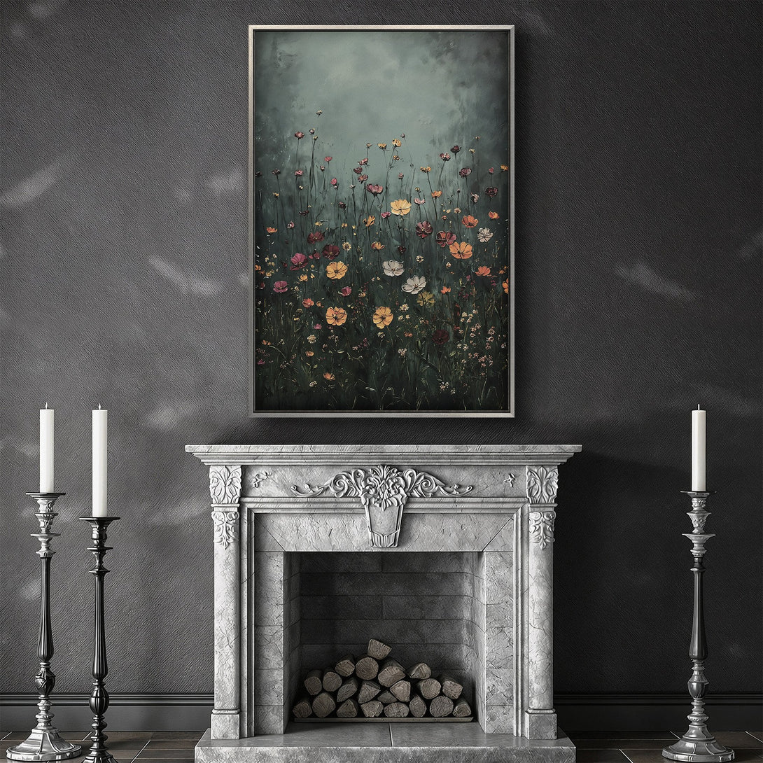 Framed Wall Art: Floral painting with a moody color palette, displayed above a fireplace. Enhance your space with this beautiful canvas print.