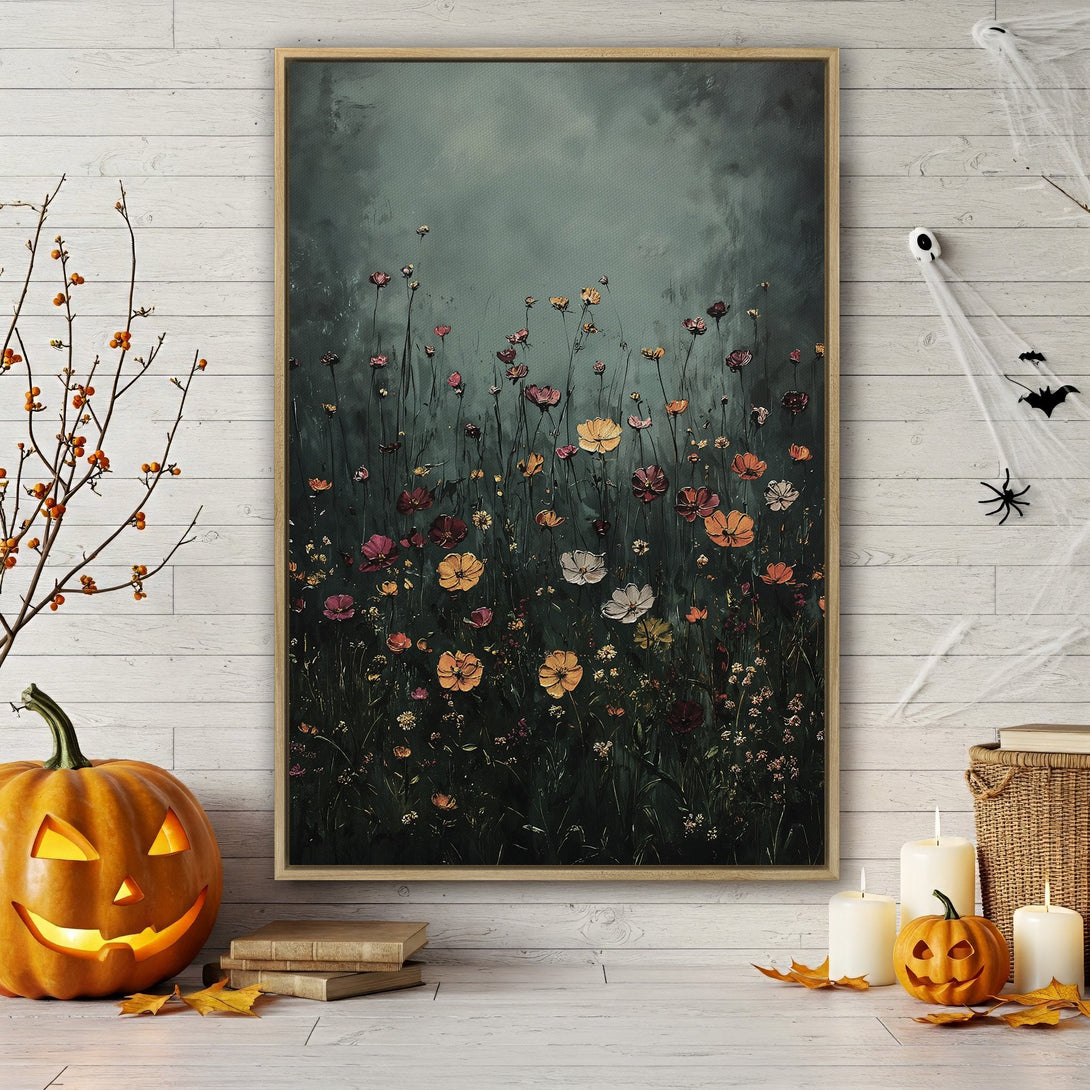 Framed Wall Art featuring a moody floral field in a dark, painterly style. Earthy tones and pops of color create a stunning, artistic statement.