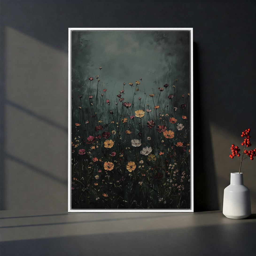 Framed Wall Art featuring a moody floral painting in a dark green and muted color palette. Adds a touch of elegance to any space.