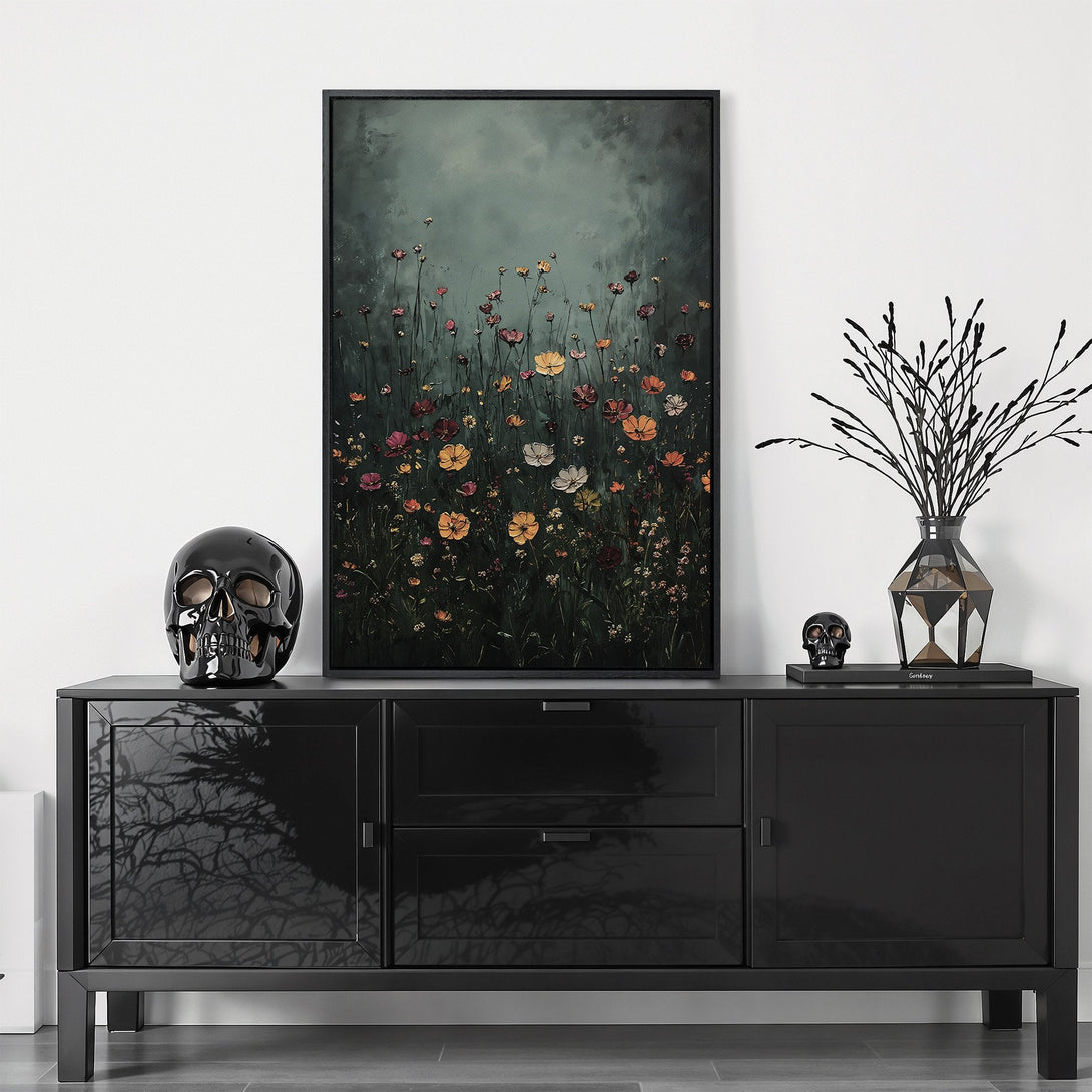 Framed Wall Art featuring a floral meadow. Moody, painterly style with a dark green and warm color palette. Elevate your space with this stunning canvas print.