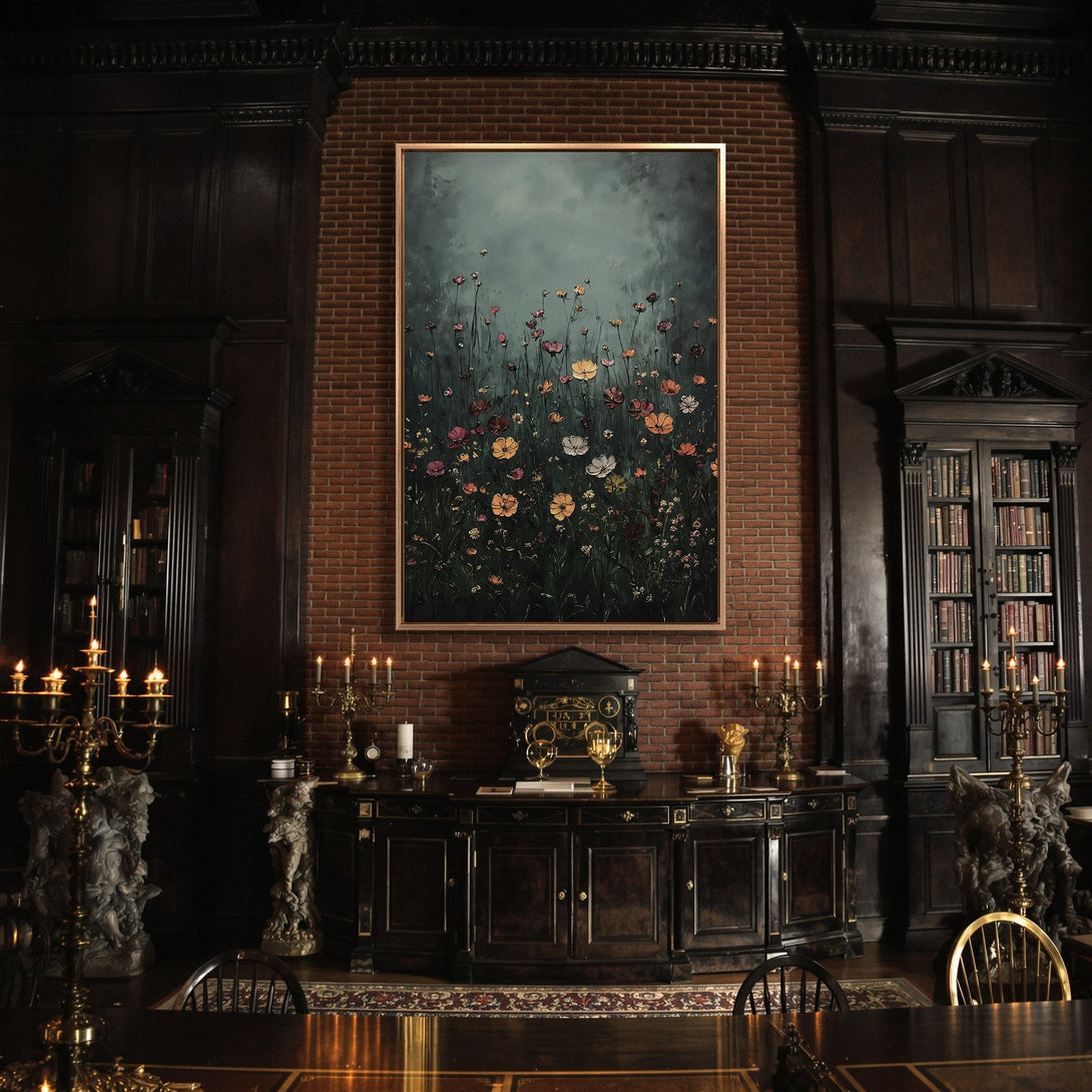 Framed Wall Art featuring a floral painting with a moody, dark green and muted color palette. Perfect for adding elegance and style to any interior.