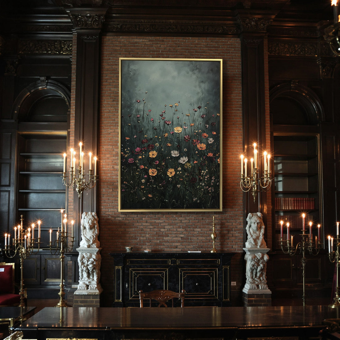 Canvas Print featuring a moody floral painting with a dark teal and orange color palette, perfect for Halloween decor.