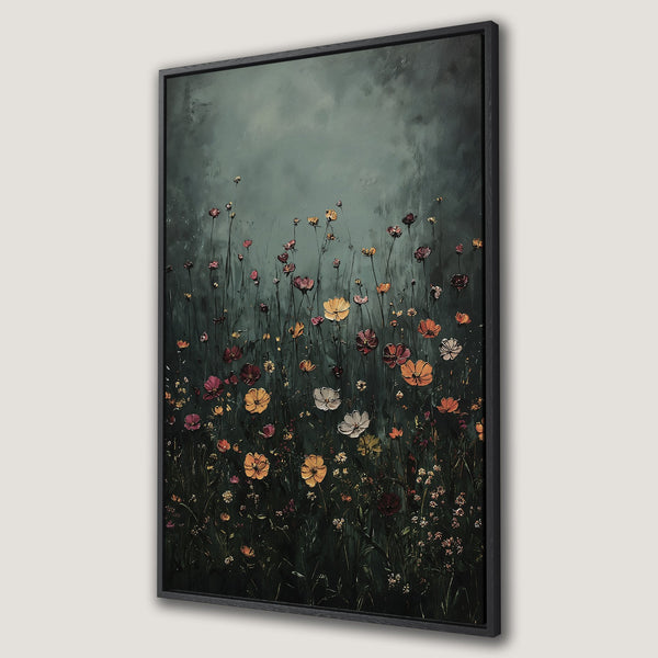 Framed Wall Art featuring a field of colorful flowers in a painterly style, with a dark green and warm color palette. Perfect for adding a touch of nature.