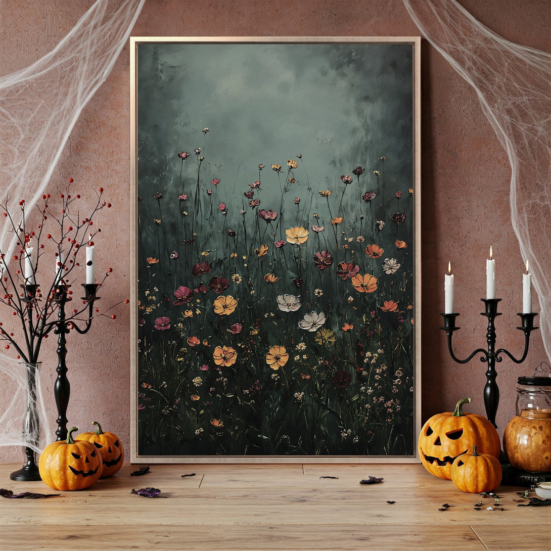 Framed Wall Art featuring a floral painting in a moody, dark green and autumnal color palette. Perfect for adding a touch of elegance to your space.