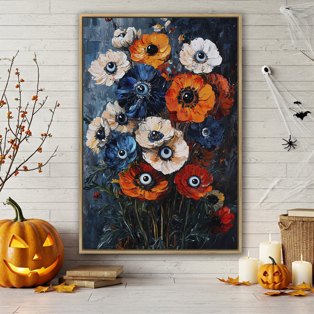 Framed Wall Art: Spooky floral painting in dark blue, orange, and white. Perfect Halloween decor! Eye-catching, textured style for a unique statement piece.