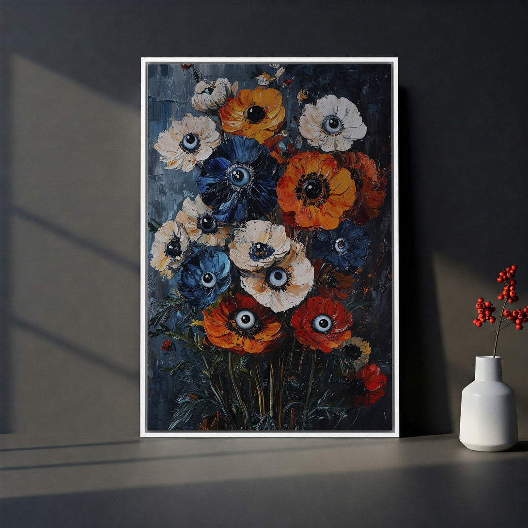 Framed Wall Art: Abstract floral painting in dark blue, orange, and white. Modern art decor for home. Textured canvas print, perfect for any room.
