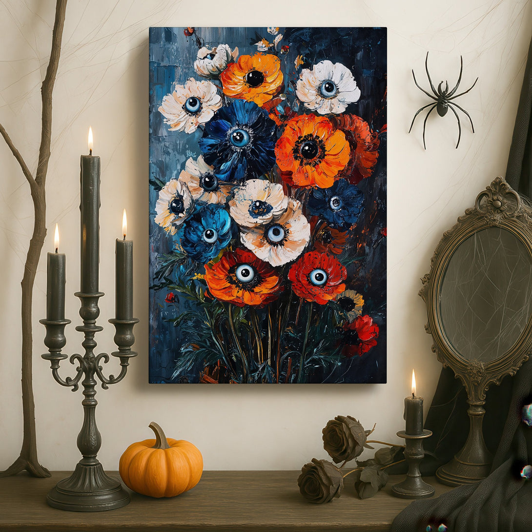 Framed Wall Art: Bold floral painting in a dark interior. Features orange, blue, and white flowers with a striking, modern style. Perfect for a statement piece.