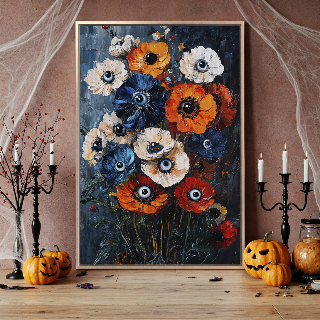 Framed Wall Art featuring a spooky floral painting with eye-like centers in a dark, moody palette. Perfect Halloween decor!