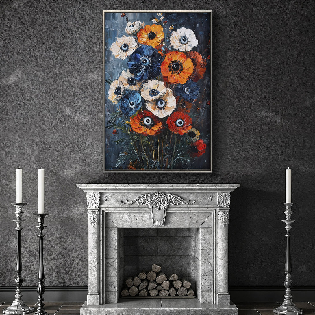 Framed Wall Art of vibrant floral painting with orange, blue, and white blooms. Modern art canvas print adds a pop of color to any interior.