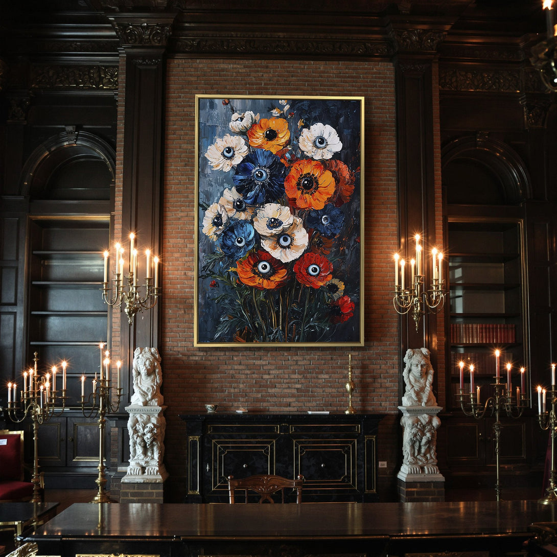 Canvas Print of spooky eye-flower bouquet art. Dark blue, orange, and white palette. Perfect for Halloween decor!
