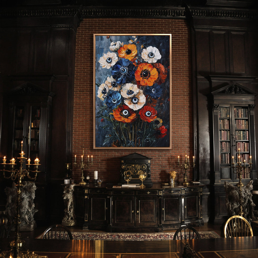 Framed Wall Art featuring vibrant floral art in a dramatic interior. Bold orange, blue, and white flowers pop against a dark, moody background.