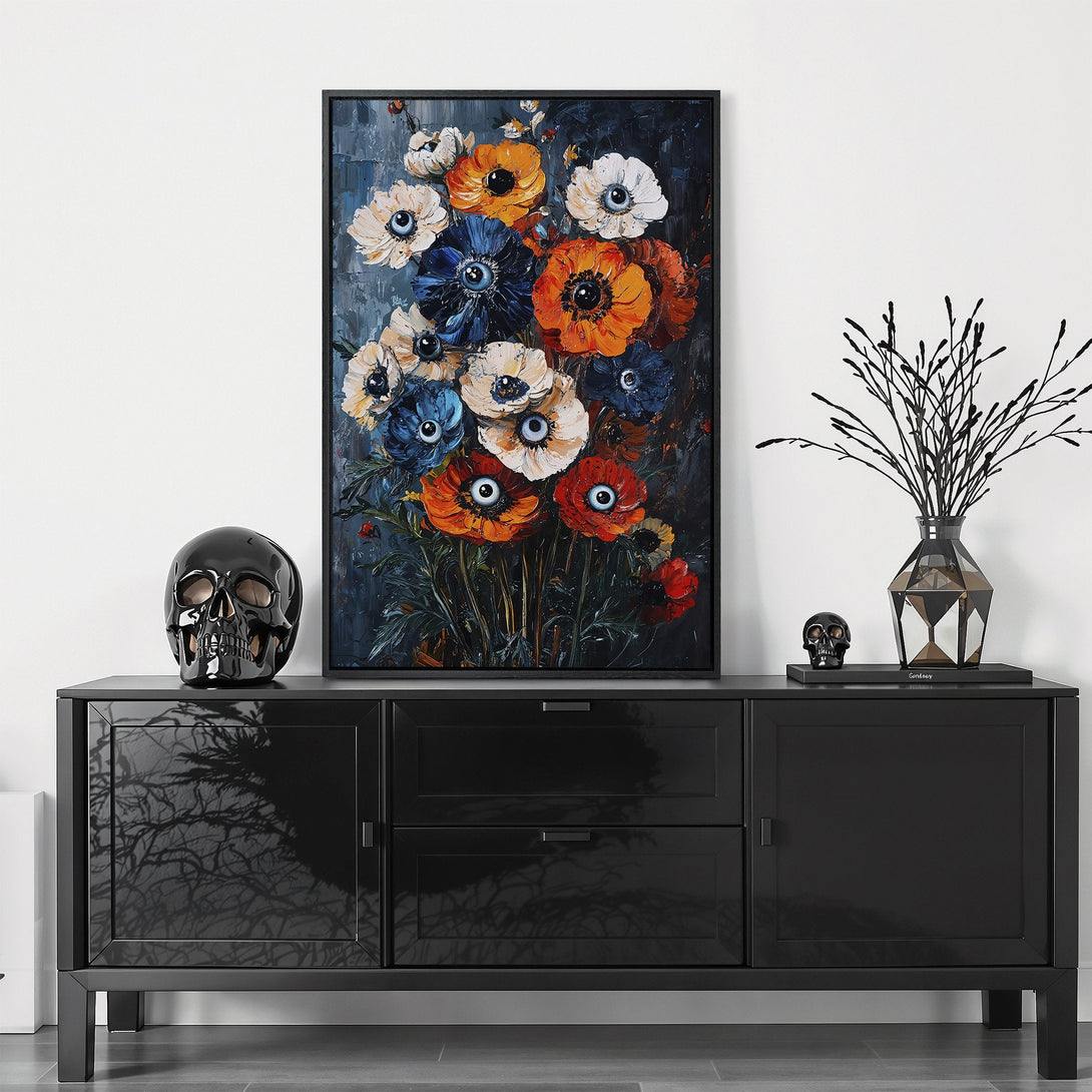 Framed Wall Art featuring a vibrant floral bouquet in a dark, moody style. The canvas print showcases a bold color palette of blues, oranges, and whites.