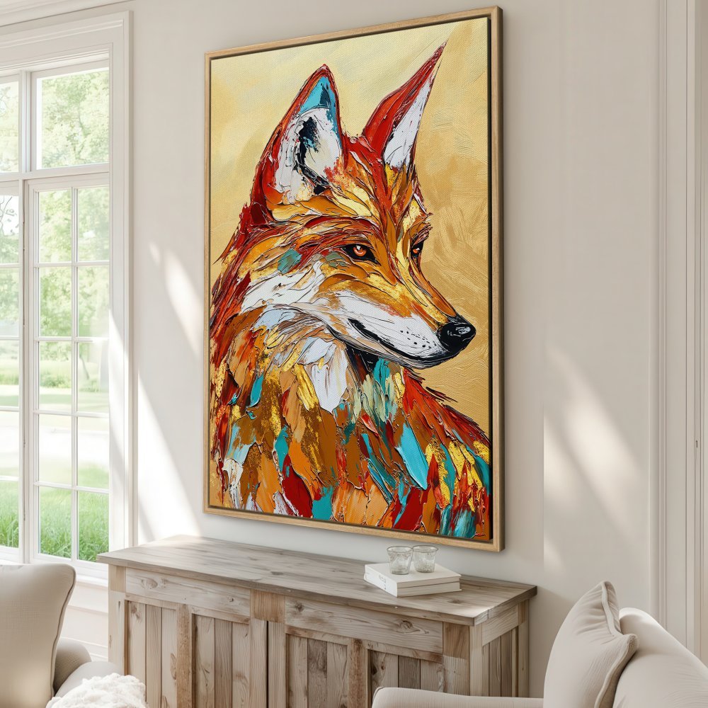 Framed Wall Art: Colorful fox painting in a modern, textured style. Warm orange, gold, and teal palette. Perfect for adding artistic flair.