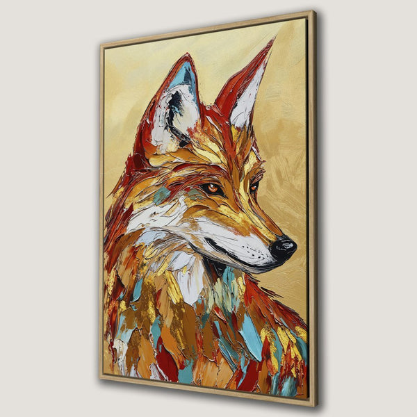 Framed Wall Art: Stunning textured fox portrait in warm gold, orange, and blue hues. Add a touch of wildlife art to your home decor!