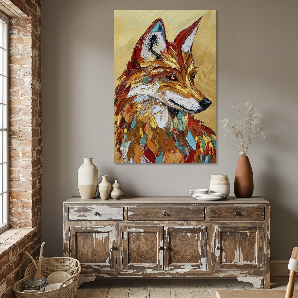 Framed Wall Art: Colorful fox portrait Canvas Print. Modern, textured style with warm orange, red, and teal hues. Perfect for home decor.