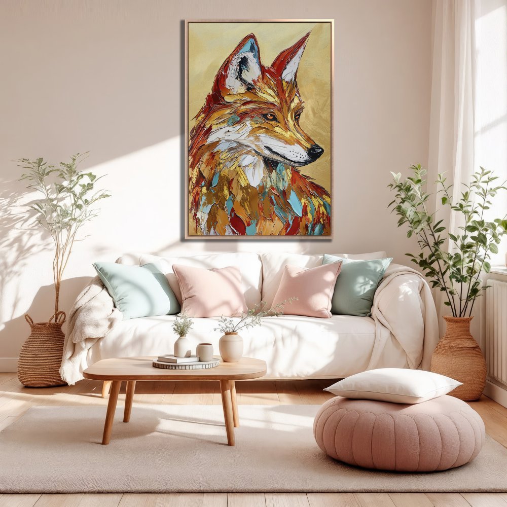 Framed Wall Art: Colorful fox portrait canvas print in warm tones. Modern, textured style perfect for living room decor.
