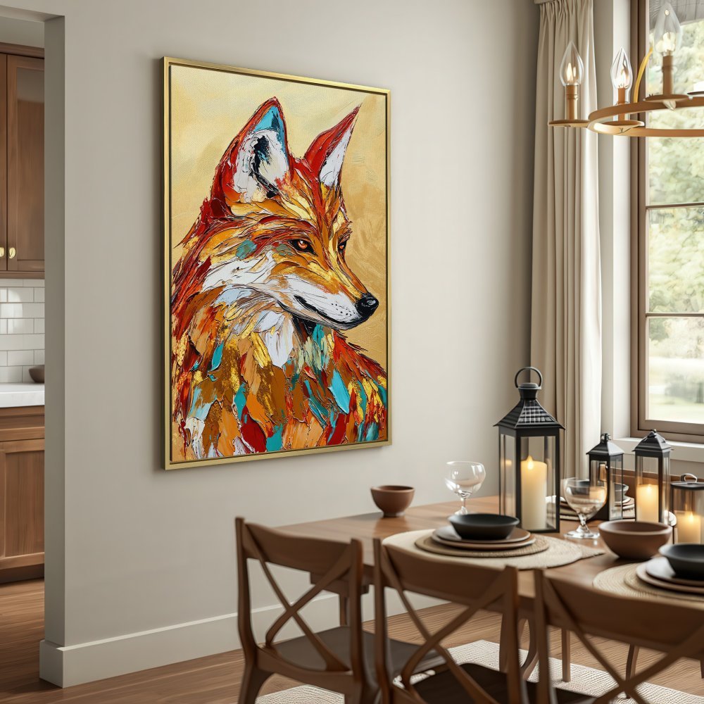 Canvas Print of a vibrant fox portrait in an impressionistic style. Warm, earthy color palette adds a touch of nature to your decor.