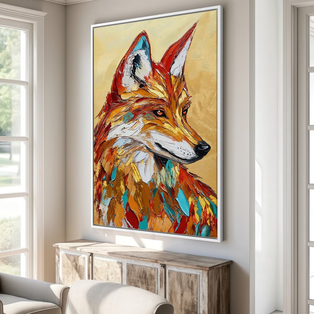 Framed Wall Art: Vibrant fox portrait in impasto style, featuring warm orange, gold, and teal tones. Elevate your space with this stunning Canvas Print!