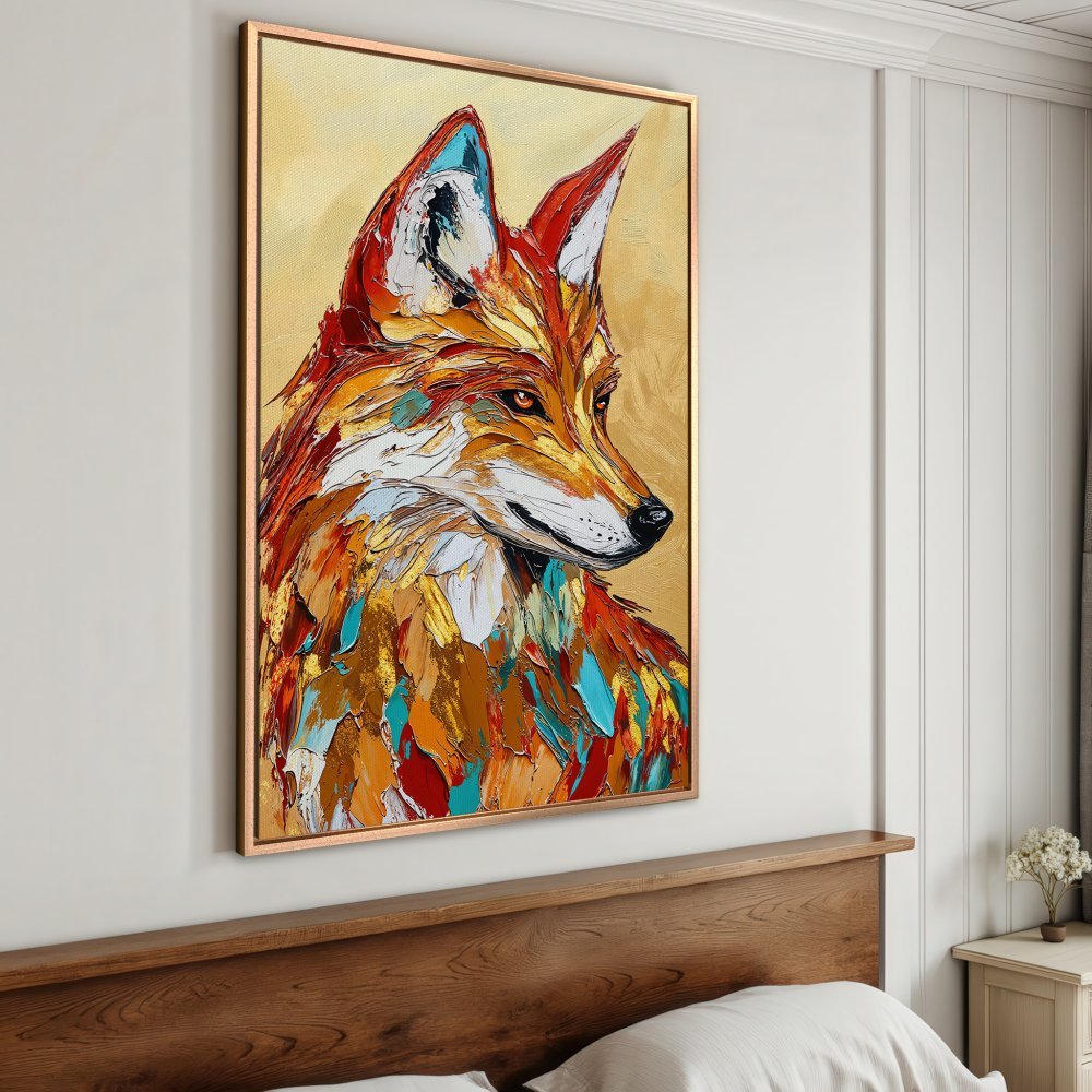 Framed Wall Art: Abstract fox portrait in warm orange, gold, and teal tones. Add a touch of modern art to your home with this stunning canvas print!