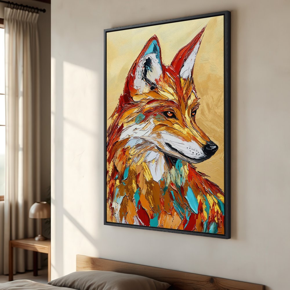 Framed Wall Art: Vibrant fox portrait Canvas Print in warm orange, gold, and teal tones. Add a touch of modern art to your home decor.