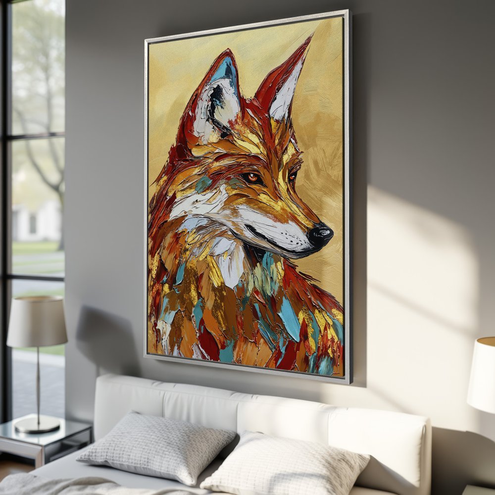 Framed Wall Art: Stunning fox portrait in vibrant orange, gold, and blue palette. Modern, textured Canvas Print adds artistic flair to any space.