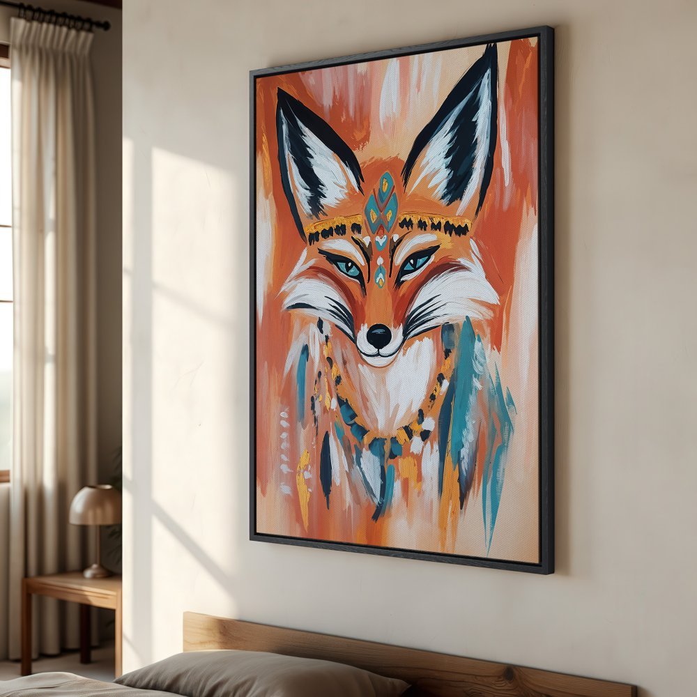Framed Wall Art: Boho fox portrait in warm orange, teal, and gold tones. Add a touch of artistry to your space with this vibrant canvas print!