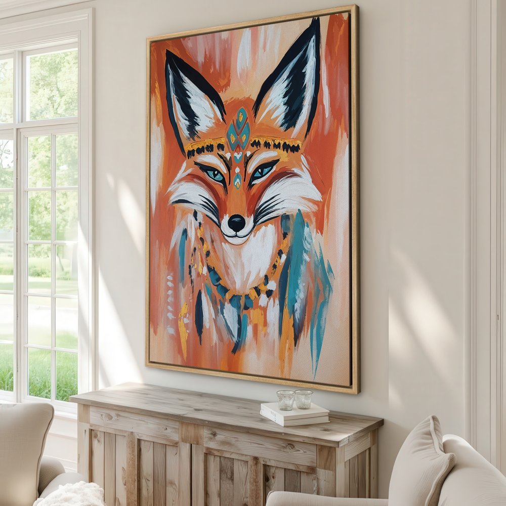 Framed Wall Art: Vibrant fox portrait Canvas Print. Modern, boho style with orange, teal, and gold color palette. Perfect for adding a pop of color!