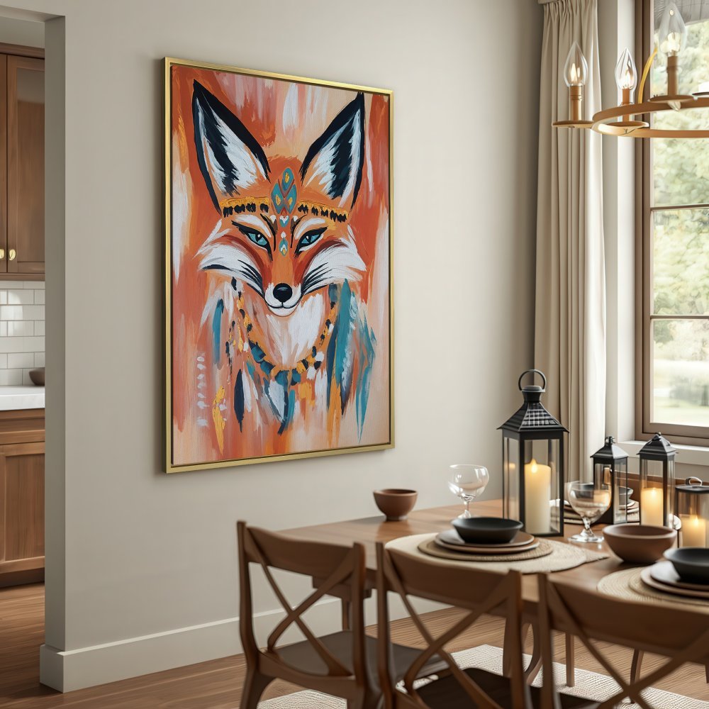 Canvas Print featuring a majestic fox portrait in boho style with warm orange and teal tones. Perfect wall art for your home!