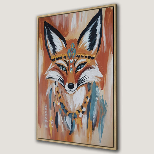 Framed Wall Art: Boho fox portrait in warm orange, blue, and gold tones. Perfect for adding a touch of tribal art to your home decor.