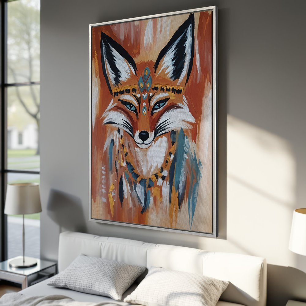 Framed Wall Art: Tribal fox portrait in warm orange, teal, and gold hues. Bohemian style Canvas Print for bedroom decor.