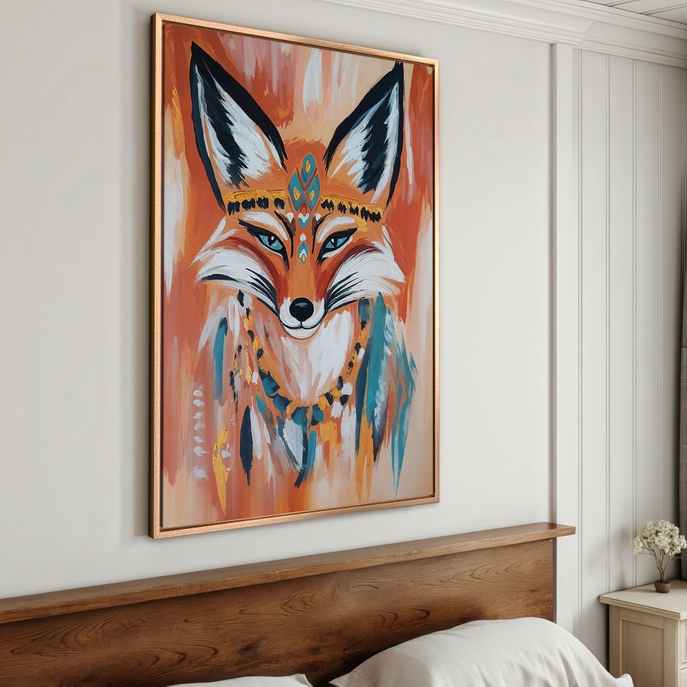 Framed Wall Art: Tribal fox portrait in warm orange and teal hues, perfect for bohemian decor. Add a touch of nature to your space!