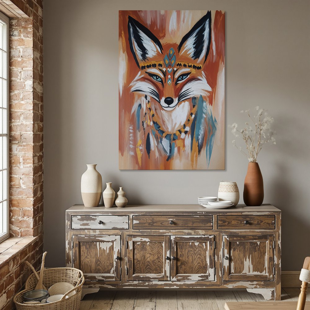 Framed Wall Art: Tribal fox portrait in vibrant orange, teal, and gold. Perfect for adding a touch of boho style to your dining room. Shop now!