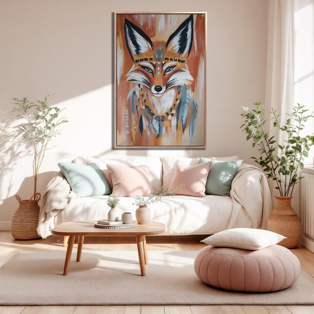 Framed Wall Art: Tribal fox painting in warm orange and blue tones. Perfect boho decor for your living room!