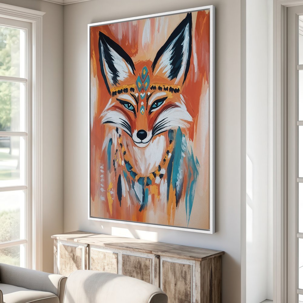 Framed Wall Art: Tribal fox painting in warm orange and teal tones. Modern abstract canvas print for living room decor.