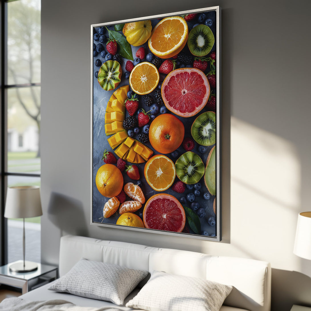 Framed Wall Art featuring a vibrant fruit arrangement with oranges, grapefruit, and berries. A colorful, modern style canvas print for kitchen or dining room decor.