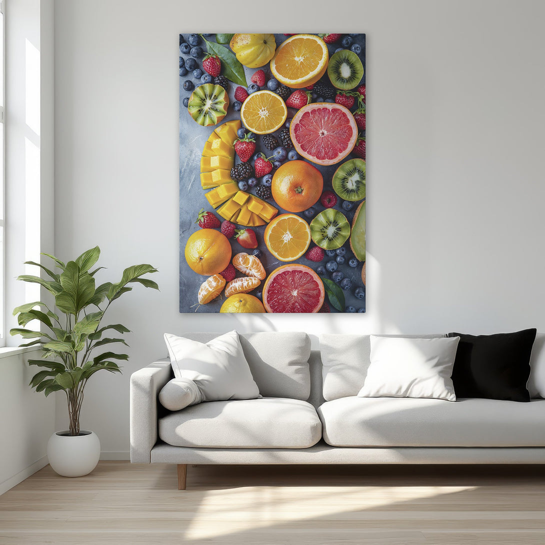 Framed Wall Art: Vibrant fruit still life in a modern style, featuring oranges, berries, and kiwi. A colorful accent for any room!