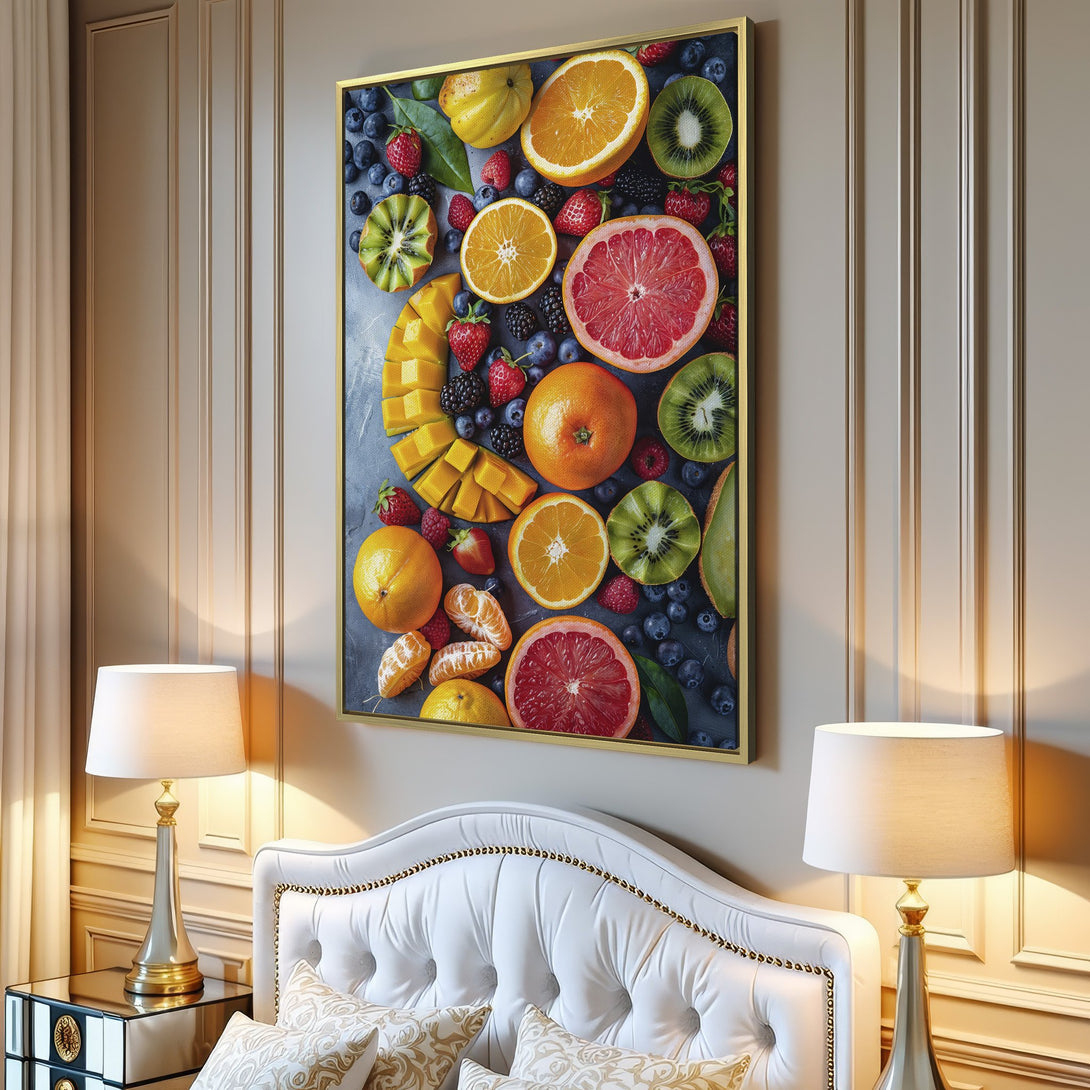 Canvas Print featuring a vibrant fruit arrangement. Modern style with a colorful palette of oranges, reds, greens, and blues, perfect for kitchen or dining decor.