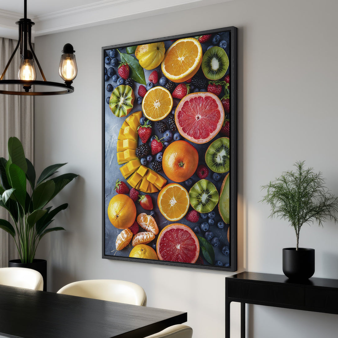 Framed Wall Art featuring a vibrant fruit arrangement. Modern style with a colorful palette of oranges, reds, greens, and blues. Perfect kitchen or dining room decor.