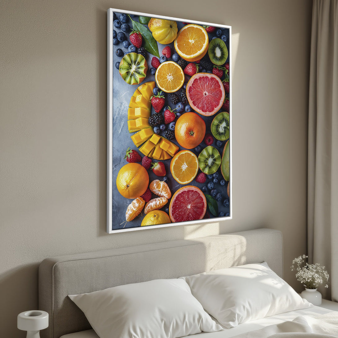 Framed Wall Art: Vibrant fruit art print with oranges, kiwi, and berries. Colorful, eye-catching artwork for kitchen or dining room. Brighten your space!