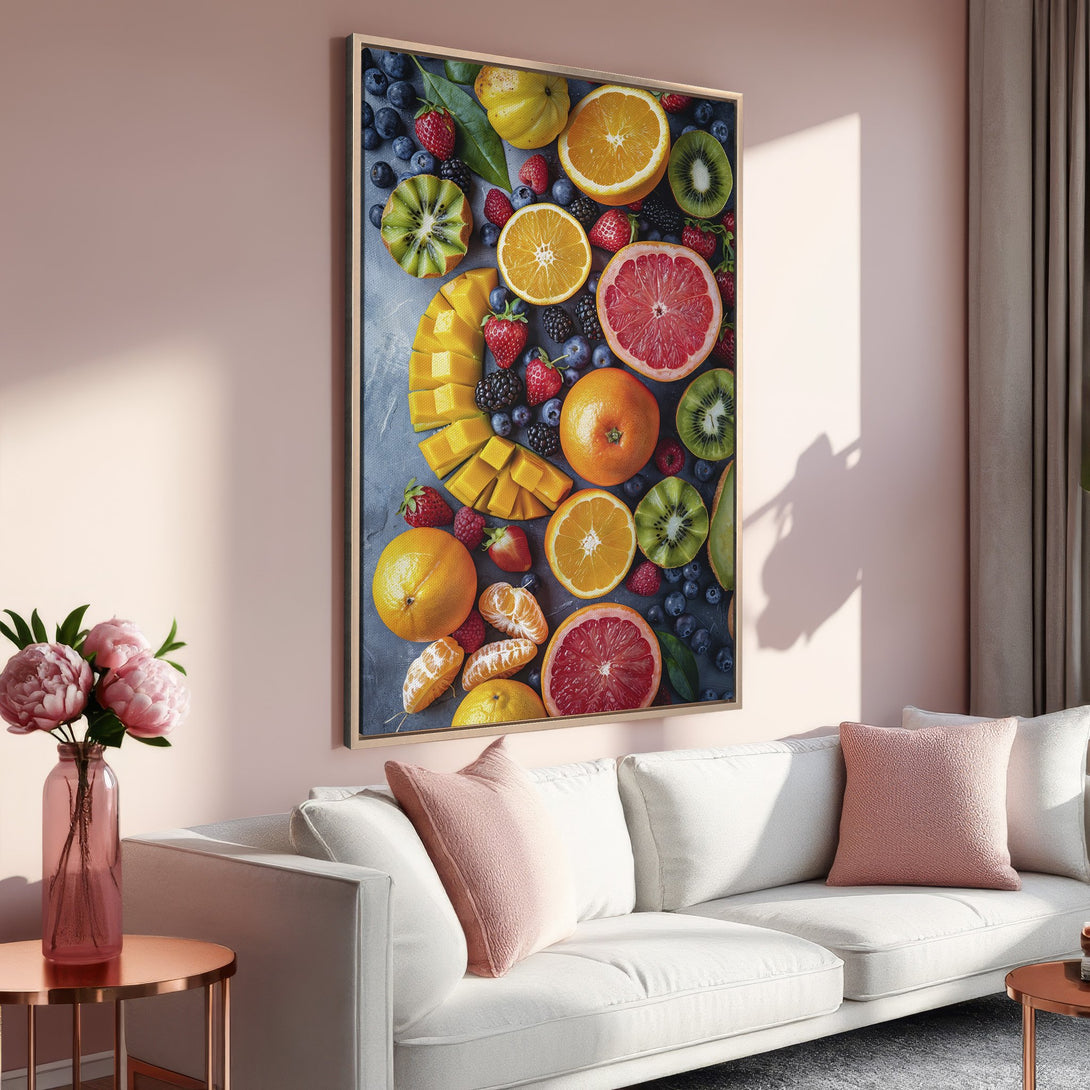 Framed Wall Art: Vibrant fruit still life Canvas Print in a modern interior. Featuring oranges, kiwi, and berries in a colorful, fresh palette.