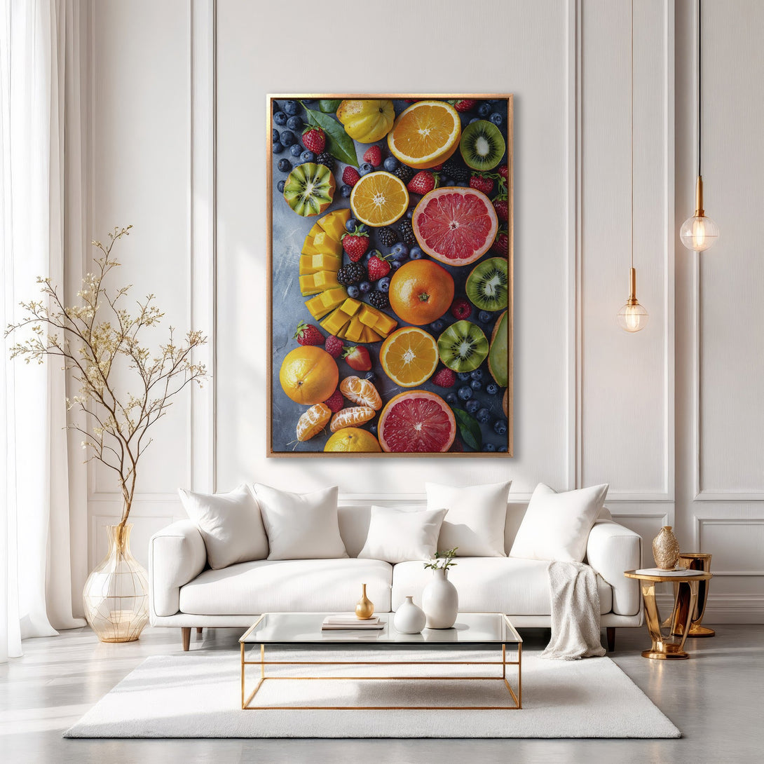 Framed Wall Art of vibrant fruit arrangement in a modern interior. Colorful canvas print with oranges, berries, and kiwi, complementing a white and gold color scheme.