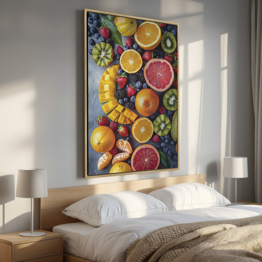 Framed Wall Art: Vibrant fruit still life canvas print, featuring oranges, grapefruit, and kiwi. Adds a pop of color to any room.