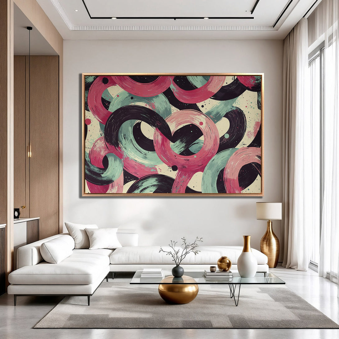 Framed Wall Art: Abstract brushstroke circles in pink, teal, and black. Modern art for your home.