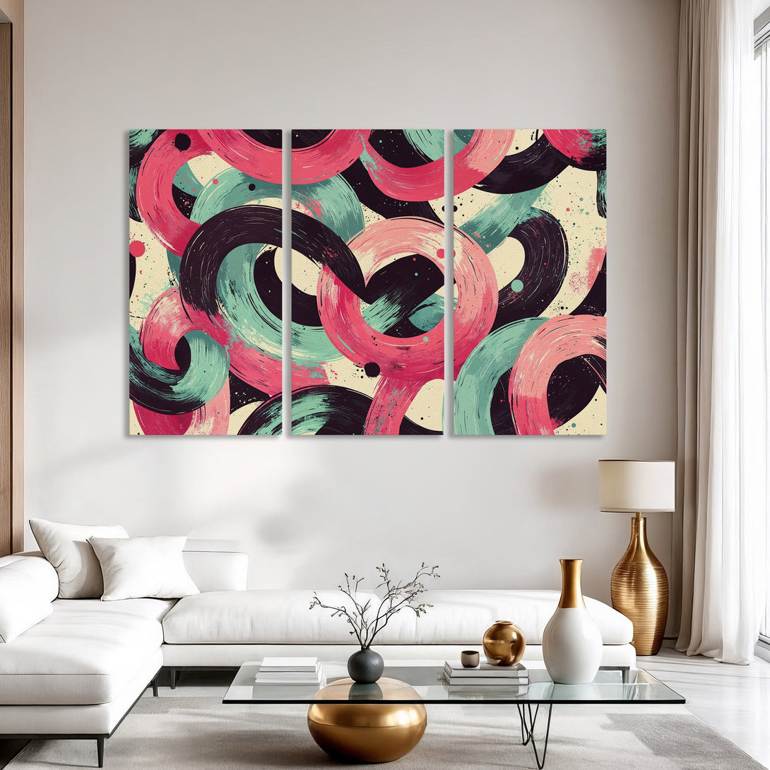 Abstract Canvas Print featuring bold brushstrokes in pink, teal, and black. Modern art for your home decor with a vibrant color palette.