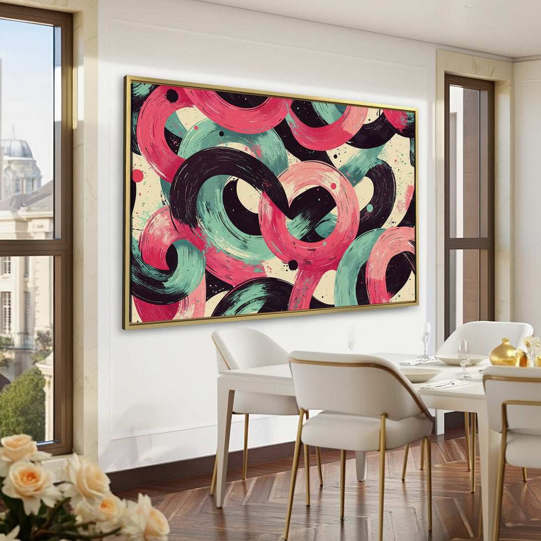Abstract Canvas Print art with brushstroke rings in pink, teal, and black. Modern wall art for home or office, stylish decor.