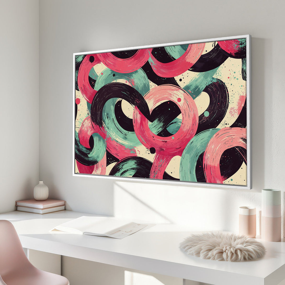 Framed Wall Art: Abstract brushstroke art in pink, teal, and black. Modern canvas print adds a pop of color to any room. Shop now!